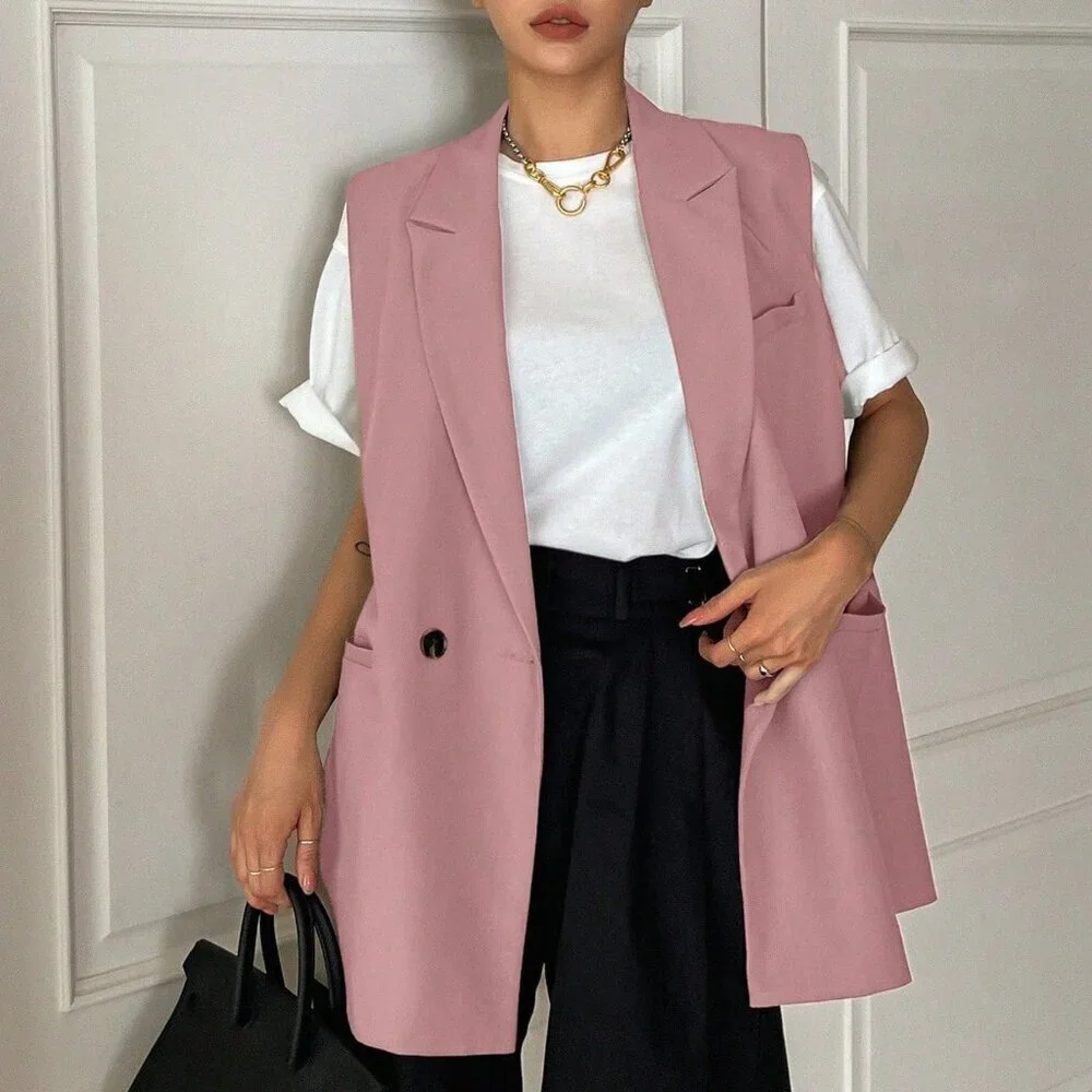 Pink Casual Women's Suit Collar Sleeveless Double-Breasted Vest - Picture 2 of 5